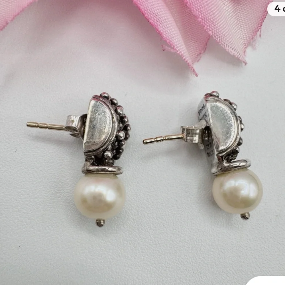Michael Dawkins 925 Sterling Silver 14K Gold Posts Pearl Drop Earrings Thailand - Picture 2 of 3